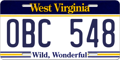 WV license plate OBC548