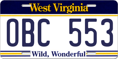 WV license plate OBC553