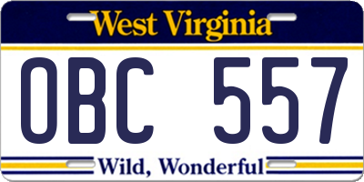 WV license plate OBC557