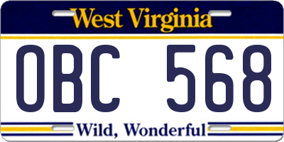 WV license plate OBC568