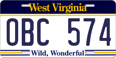 WV license plate OBC574