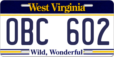 WV license plate OBC602