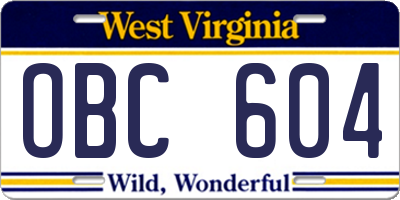 WV license plate OBC604