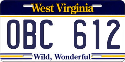 WV license plate OBC612