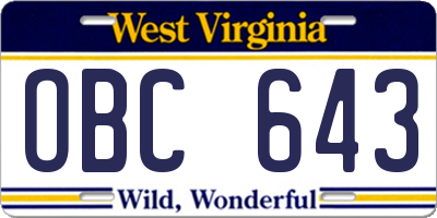 WV license plate OBC643