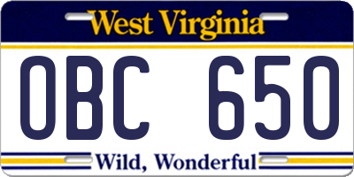 WV license plate OBC650