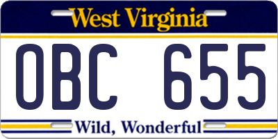 WV license plate OBC655