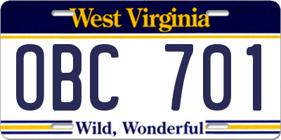 WV license plate OBC701
