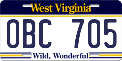 WV license plate OBC705