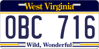 WV license plate OBC716