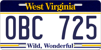 WV license plate OBC725
