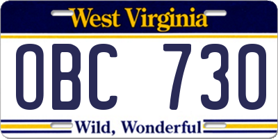WV license plate OBC730