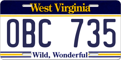 WV license plate OBC735