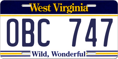 WV license plate OBC747