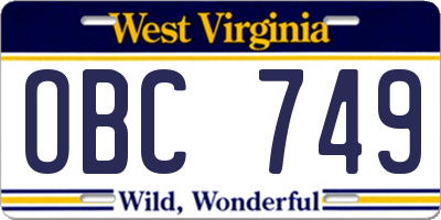 WV license plate OBC749