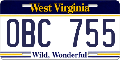 WV license plate OBC755