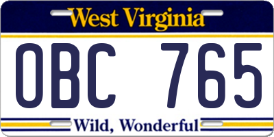 WV license plate OBC765