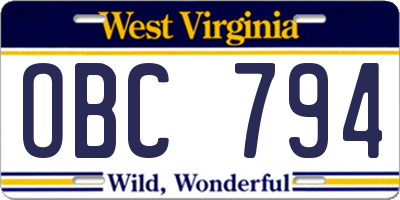 WV license plate OBC794