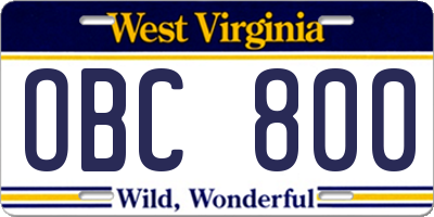WV license plate OBC800