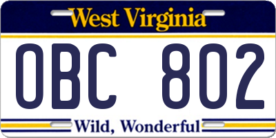 WV license plate OBC802