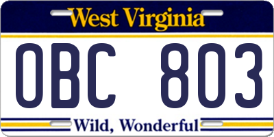 WV license plate OBC803