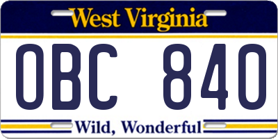 WV license plate OBC840