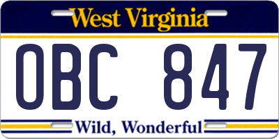 WV license plate OBC847