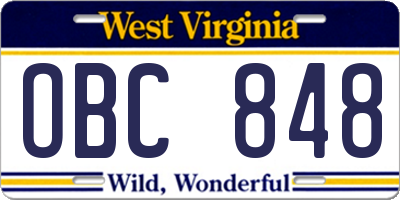 WV license plate OBC848