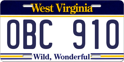 WV license plate OBC910