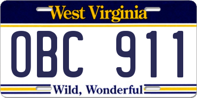 WV license plate OBC911