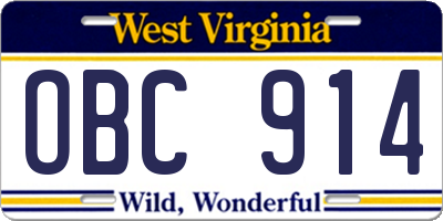 WV license plate OBC914