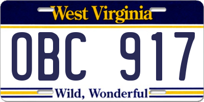 WV license plate OBC917