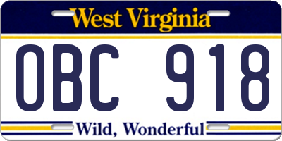 WV license plate OBC918
