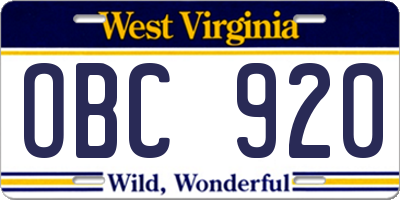 WV license plate OBC920