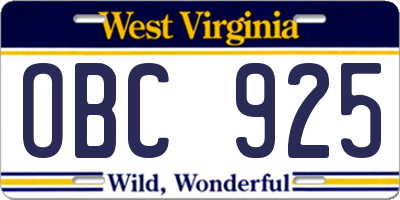 WV license plate OBC925