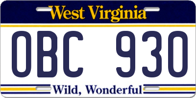 WV license plate OBC930