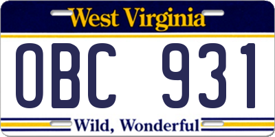 WV license plate OBC931