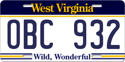 WV license plate OBC932