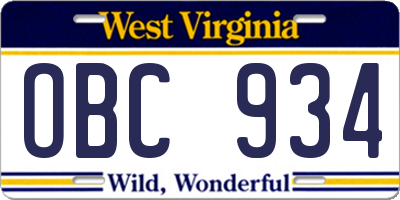 WV license plate OBC934
