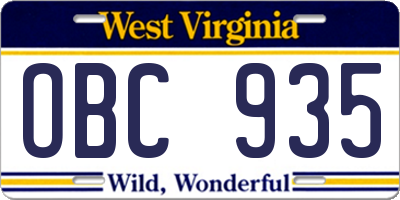 WV license plate OBC935