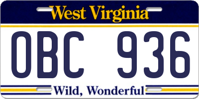 WV license plate OBC936