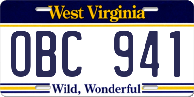 WV license plate OBC941