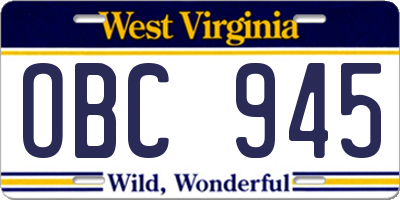 WV license plate OBC945
