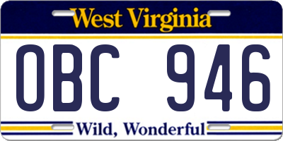 WV license plate OBC946