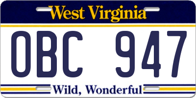 WV license plate OBC947