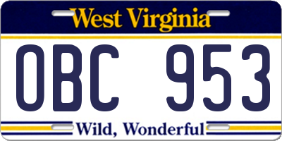 WV license plate OBC953