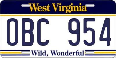 WV license plate OBC954