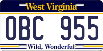WV license plate OBC955