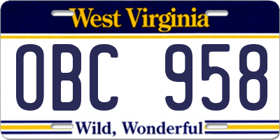 WV license plate OBC958