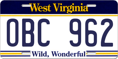 WV license plate OBC962